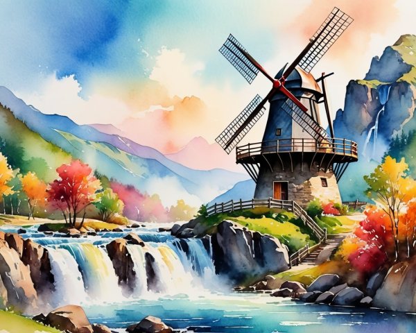 Colorful Watercolor Landscape with Windmill and River
