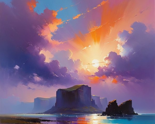 Dramatic Cliffs and Sunset Over Tranquil Water