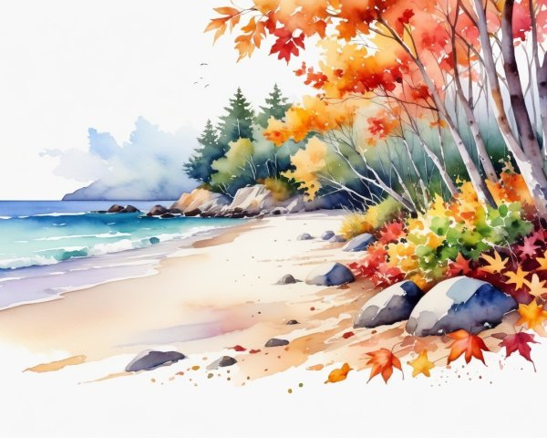 Autumn Beach Scene with Vibrant Foliage and Waves