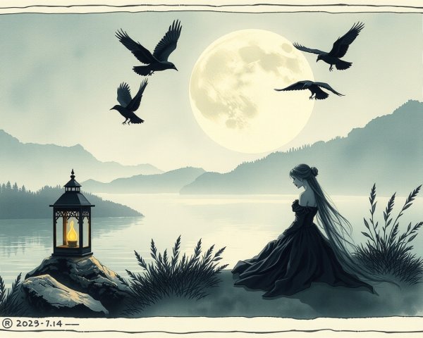 Serene landscape with a woman by a moonlit lake