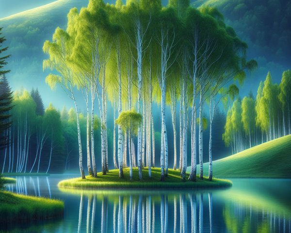 Serene Landscape with Birch Trees and Reflective Lake