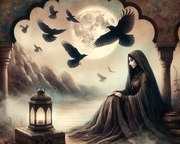 Woman in robe by lake under moonlit sky with crows