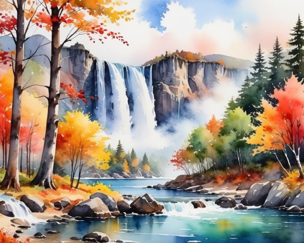 Watercolor Landscape of Waterfall and Autumn Foliage