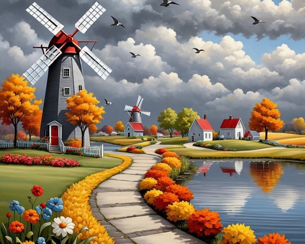 Vibrant Autumn Landscape with Trees and Windmills