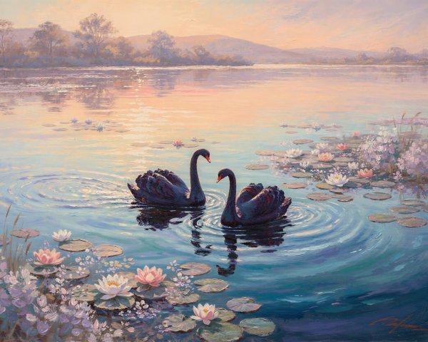 Black Swans on a Serene Lake at Sunset
