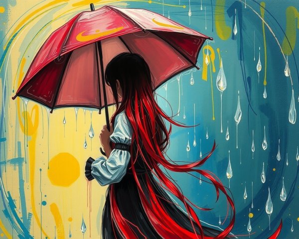 Girl with Red Hair Under Umbrella in Dreamlike Scene