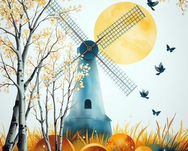 Serene Landscape with Blue Windmill and Autumn Trees
