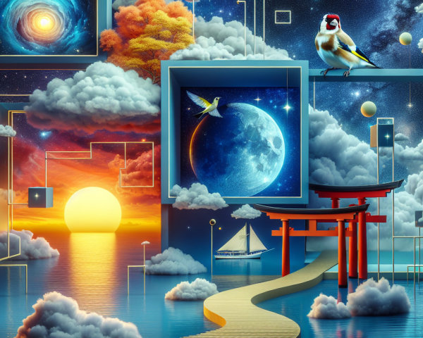 Surreal Landscape with Celestial and Natural Elements