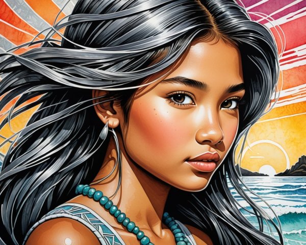 Young Woman with Turquoise Necklace by the Shore