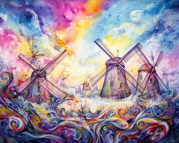 Whimsical Watercolor Landscape with Windmills and Colors