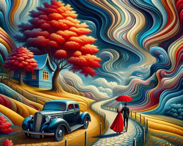 Vibrant Landscape with Winding Path and Abstract Patterns