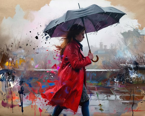 Abstract painting of a woman with an umbrella in rain