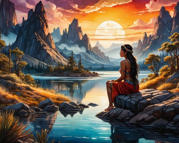 Serene Sunset Landscape with Traditional Attire