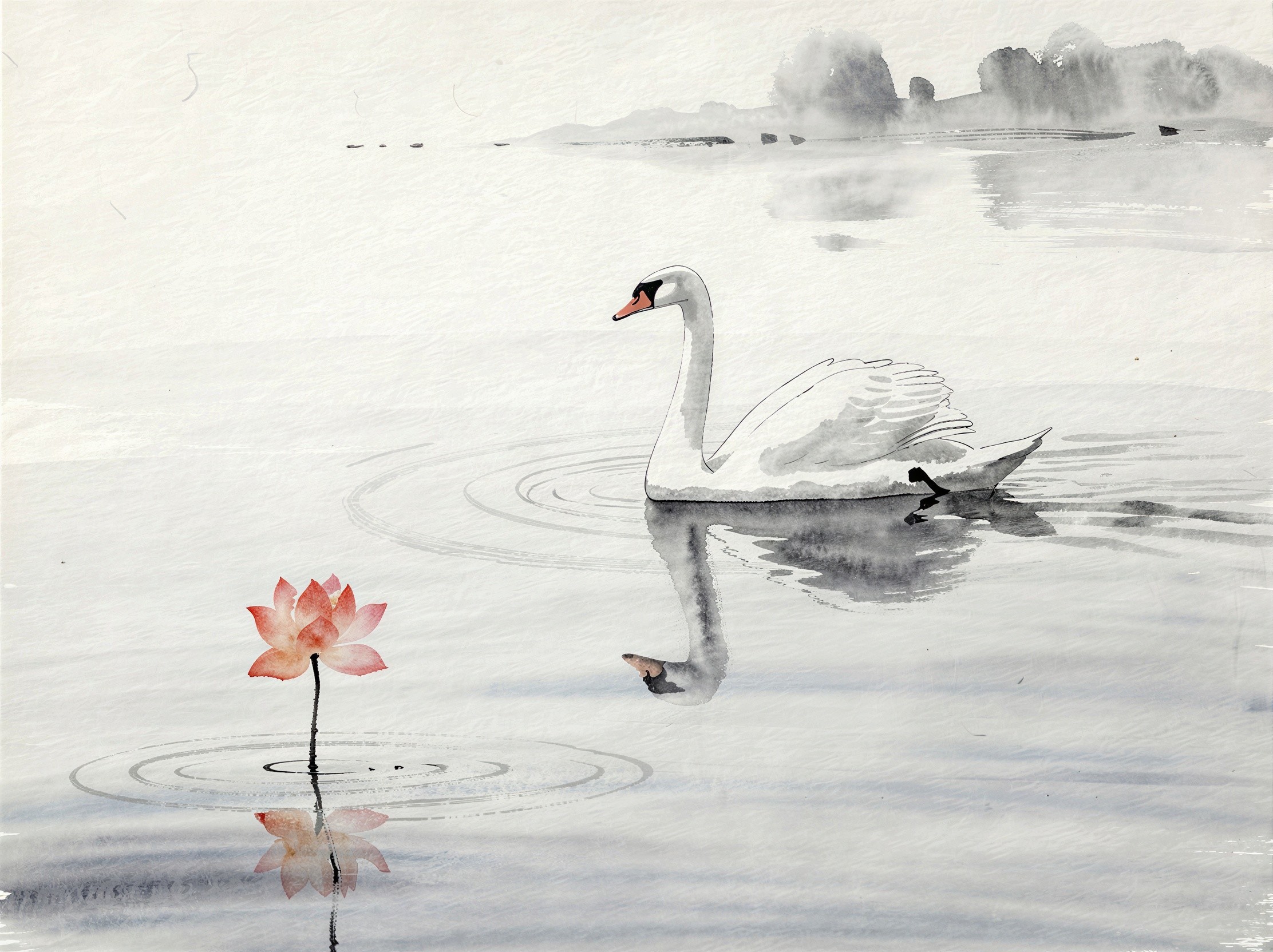 Watercolor Painting of a White Swan on a Lake