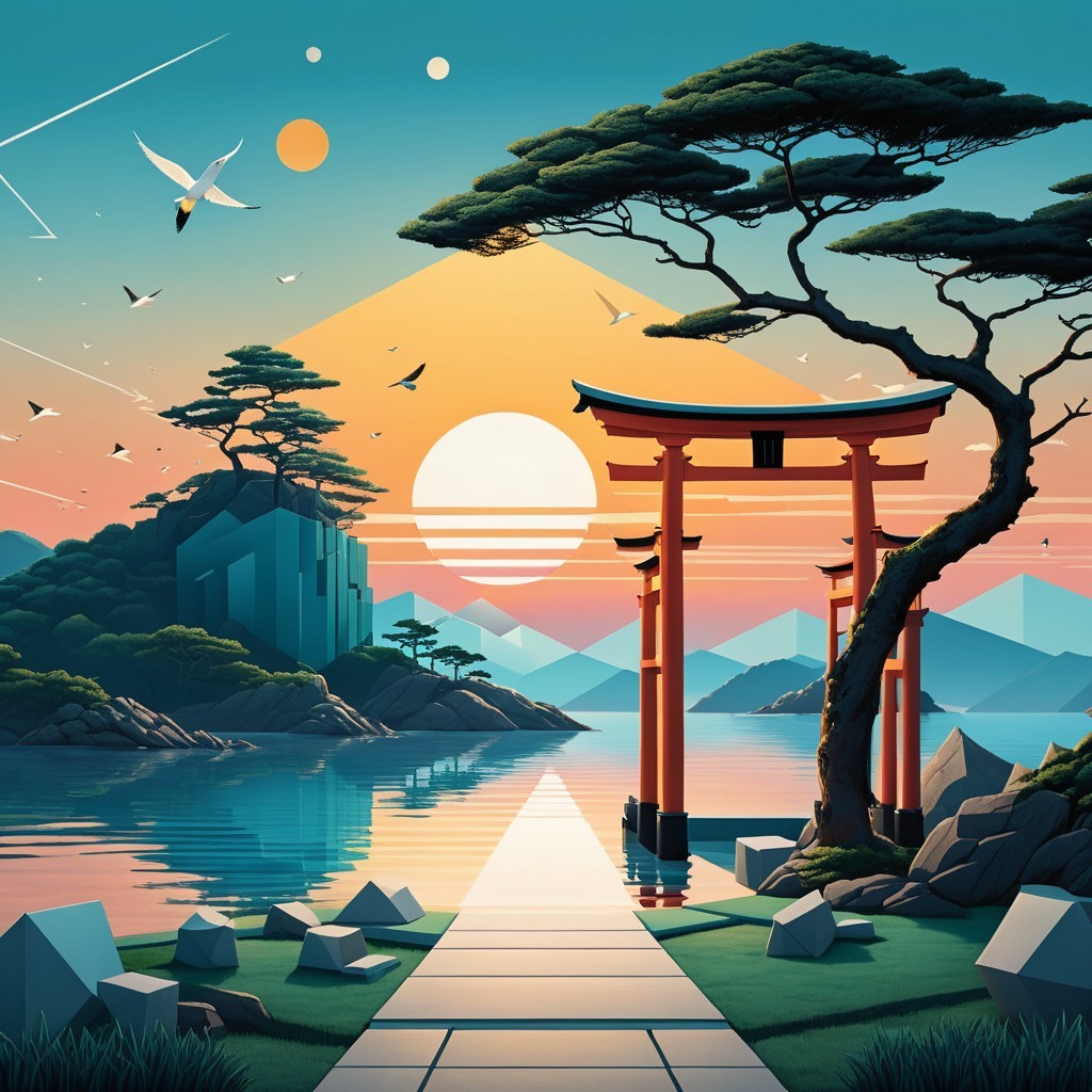 Vibrant Sunset Over Serene Landscape with Torii Gate