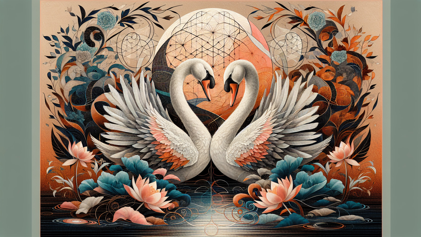 Elegant Swans in Tranquil Floral Setting with Moon