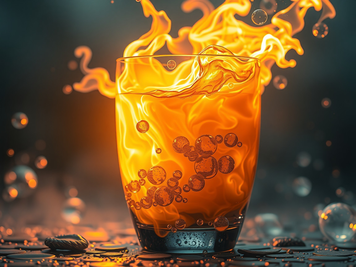 Vibrant Orange Drink with Flames and Bubbles