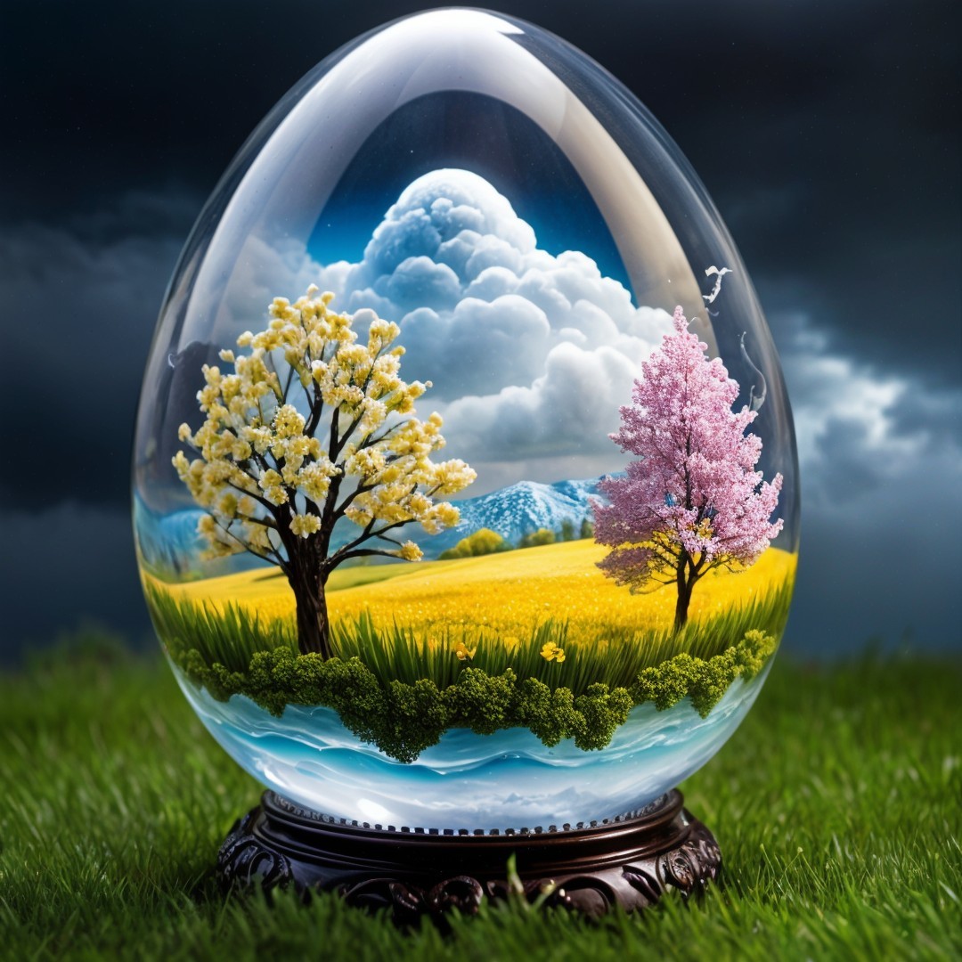 Glass Egg with Serene Landscape and Tranquil River