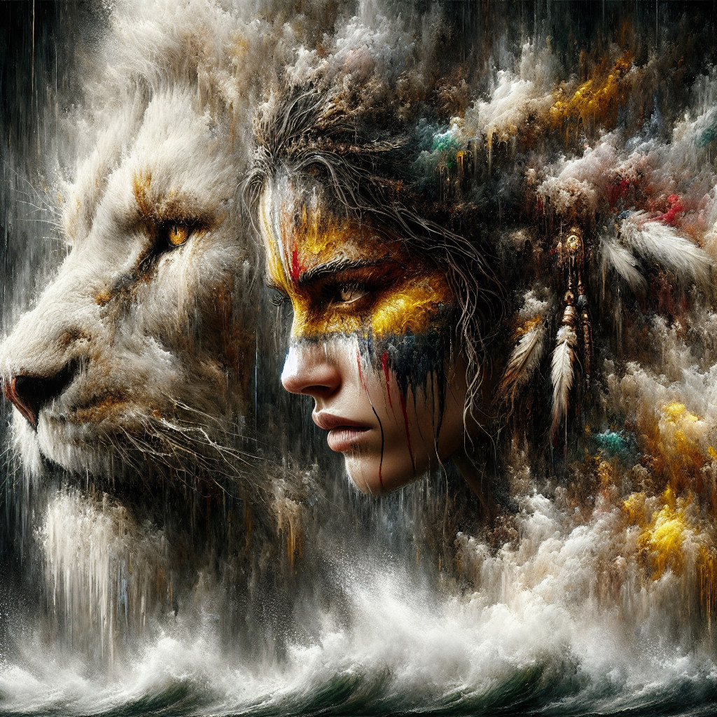 Majestic Lion and Warrior Woman in Ethereal Setting