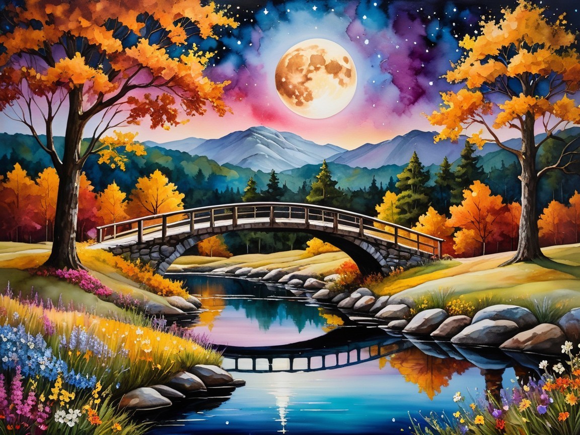 Serene landscape with bridge over autumn river