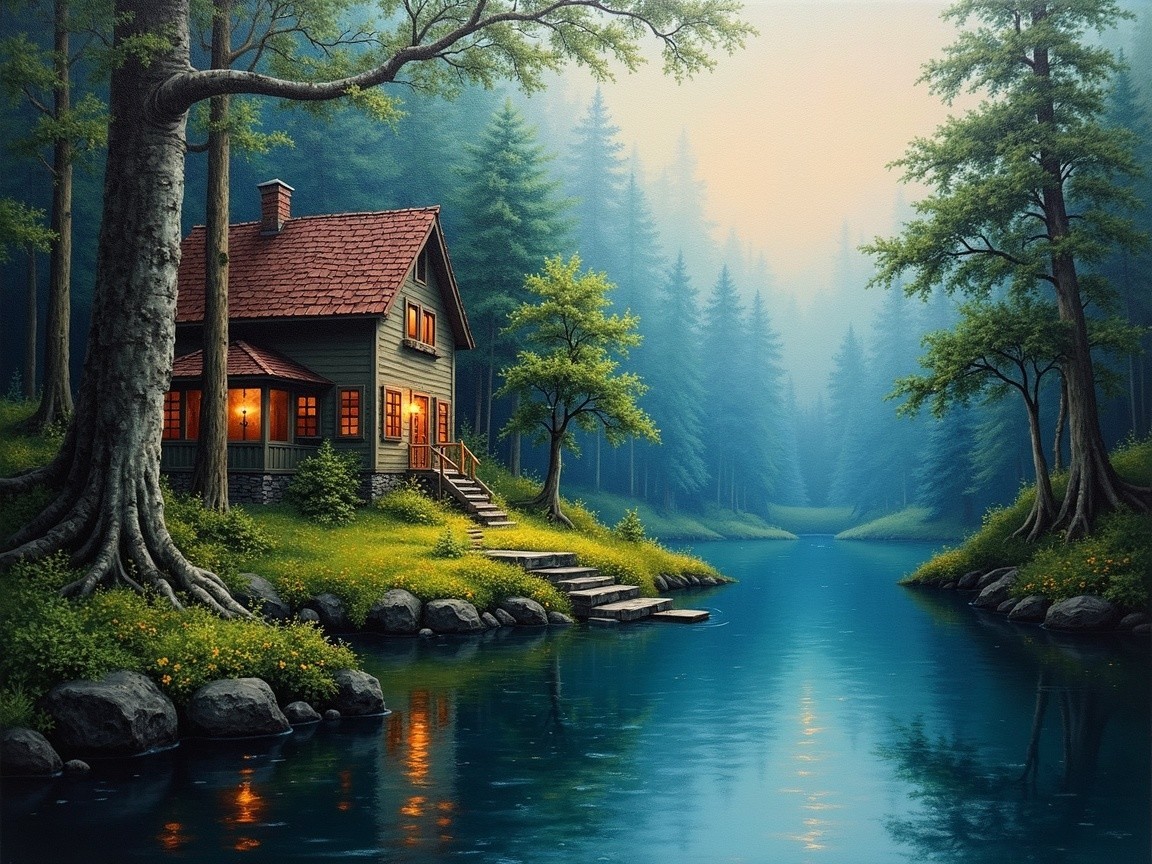 Serene Cabin by a Tranquil River Surrounded by Nature