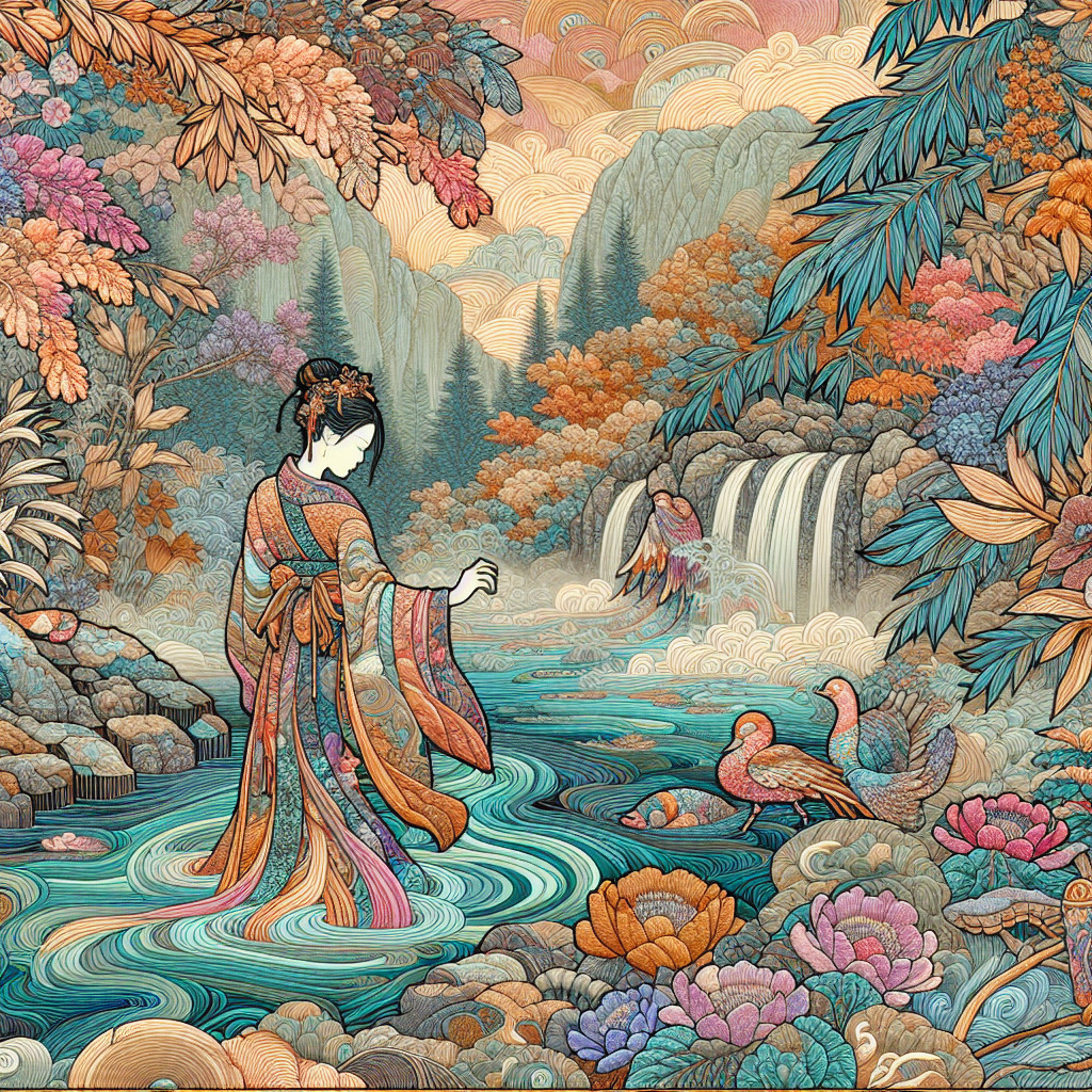 Serene Landscape with Woman in Kimono by Stream