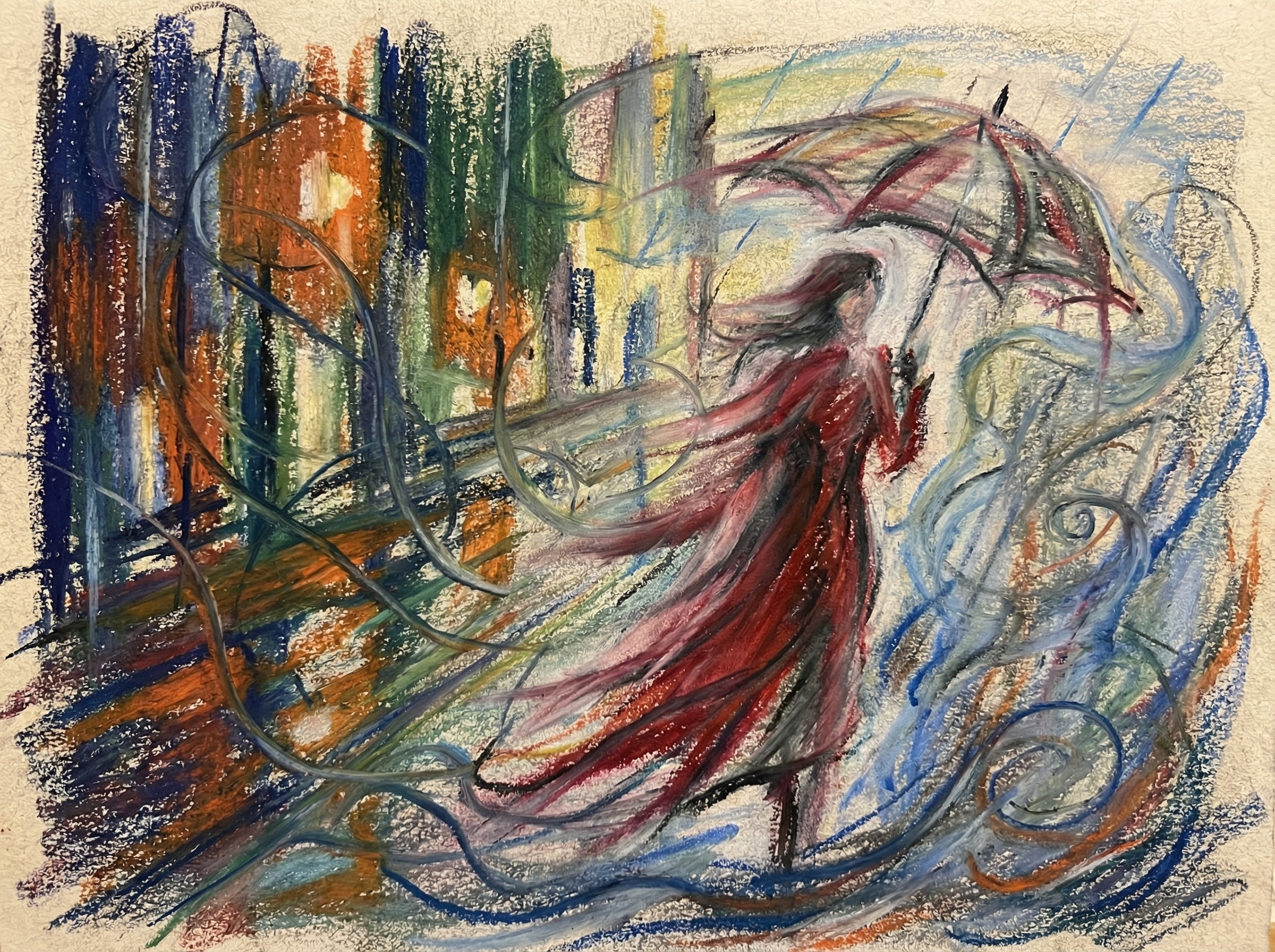 Oil Pastel Artwork of Woman in Red Dress with Umbrella