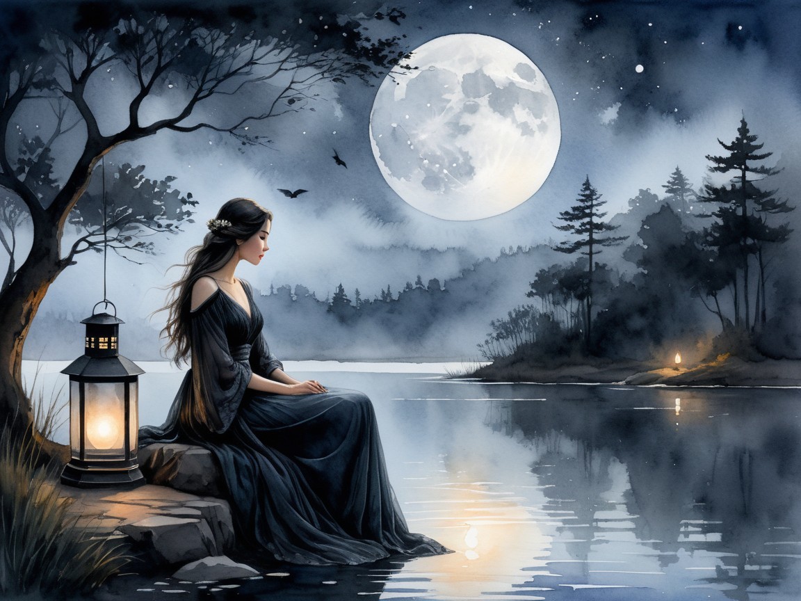 Serene Night Scene by a Tranquil Lake with Moonlight