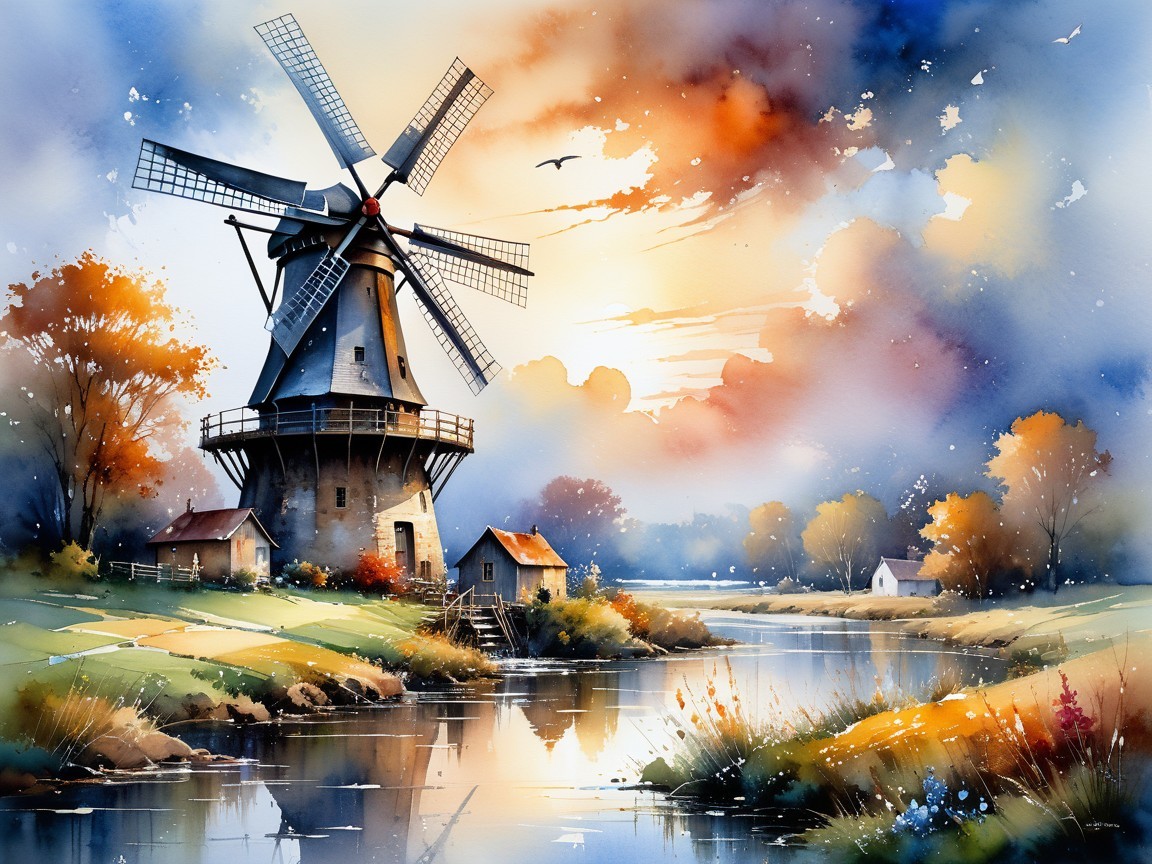 Serene Landscape with Windmill and Autumn Foliage