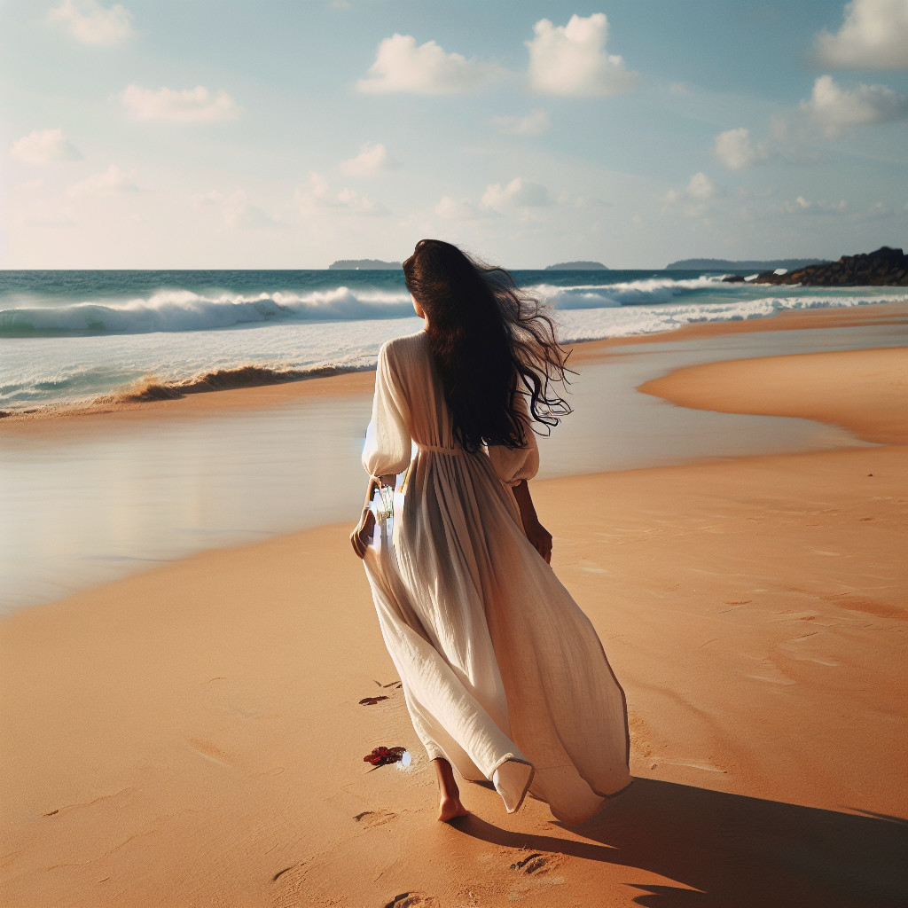 Silhouette of a Woman in a White Dress at Sunset