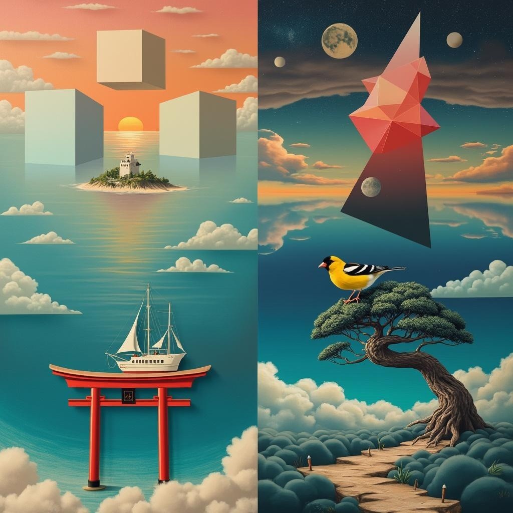 Surreal Landscape with Sunset and Geometric Elements