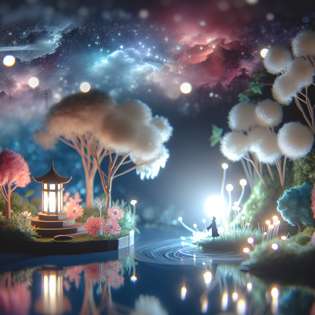 Whimsical Lake Scene with Pagoda and Colorful Flora