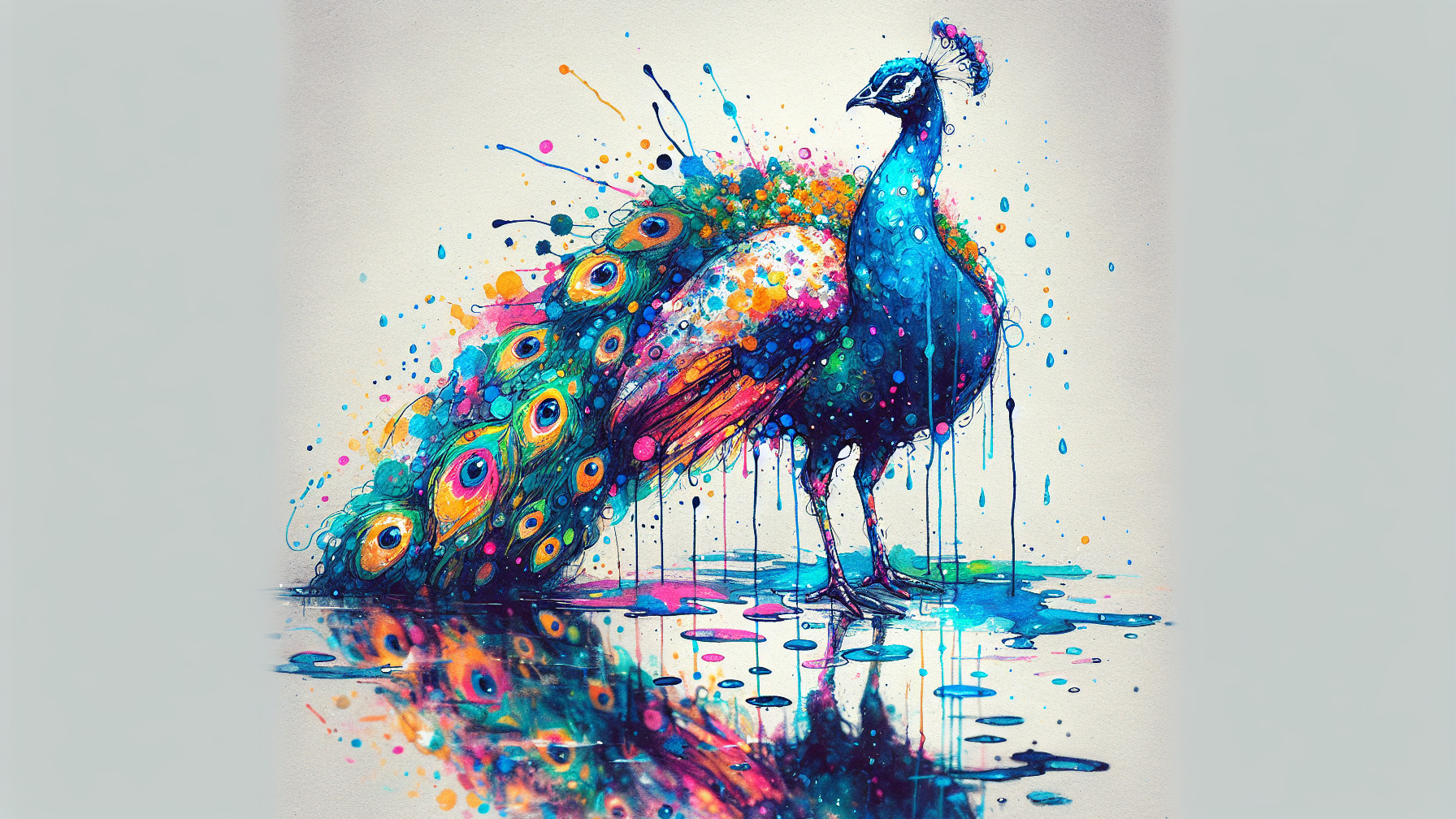 Vibrant Peacock with Colorful Feathers and Reflection