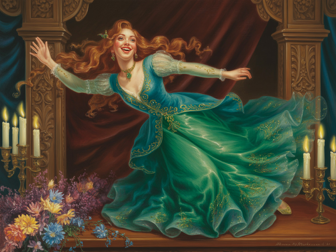 Joyful Woman in Green Gown Dancing with Flowers