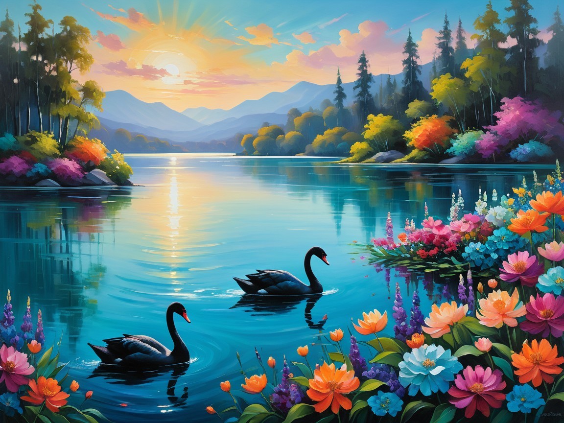 Vibrant Painting of Black Swans by a Colorful Lake