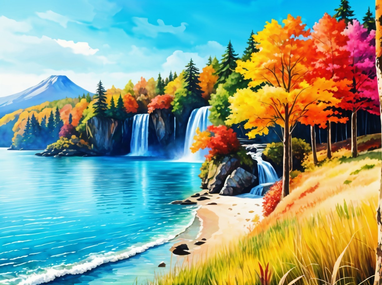 Vibrant Autumn Landscape with Waterfalls and Lake