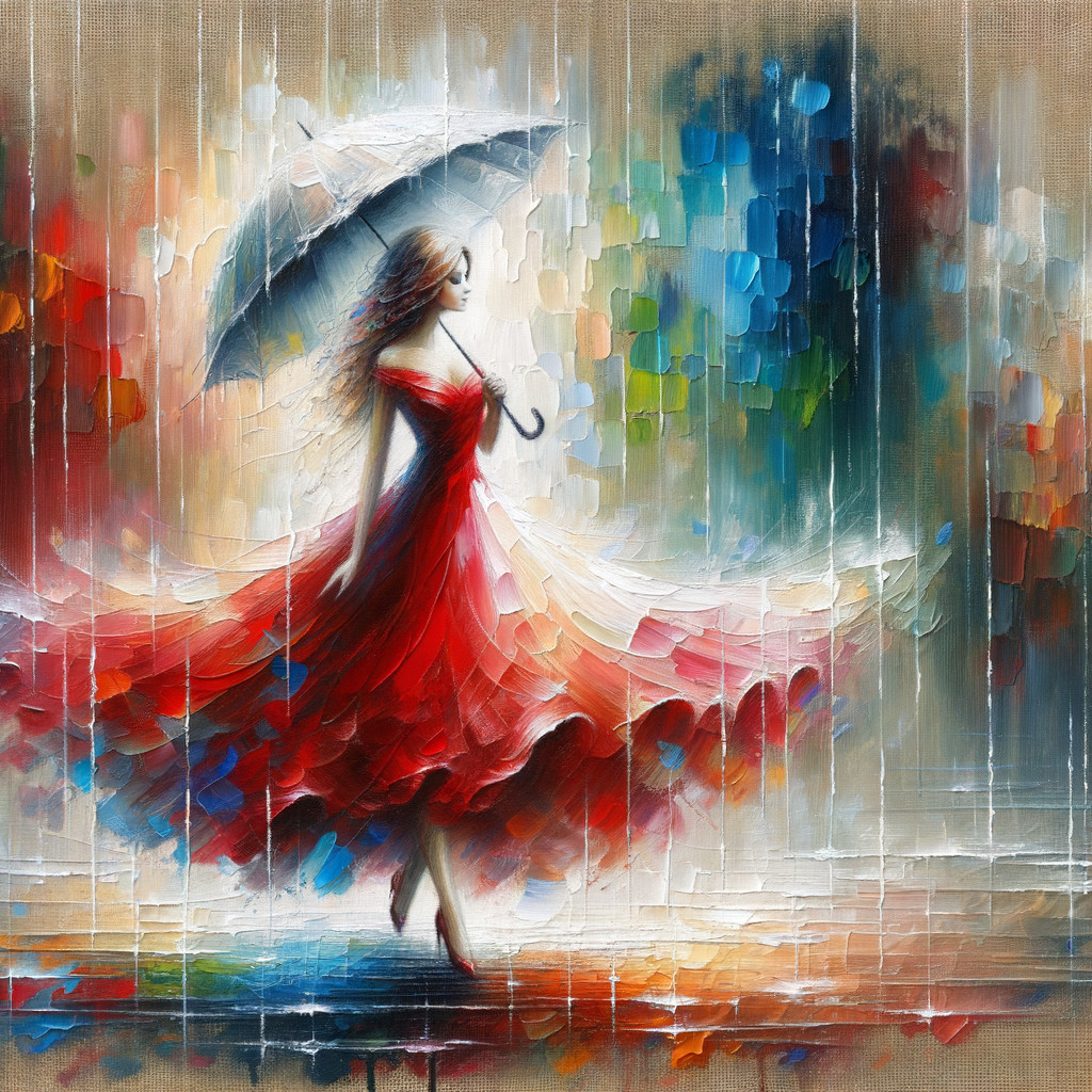 Oil Painting of Woman in Red Gown Walking in Rain