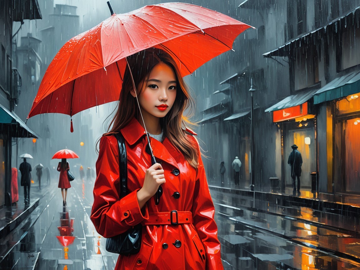 Young Woman with Red Umbrella in Rainy City Scene