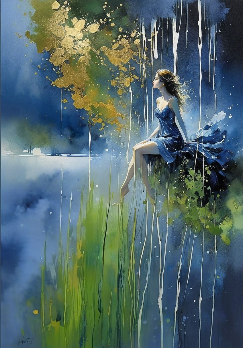 Watercolor Painting of Woman in Blue Dress on Abstract Landscape