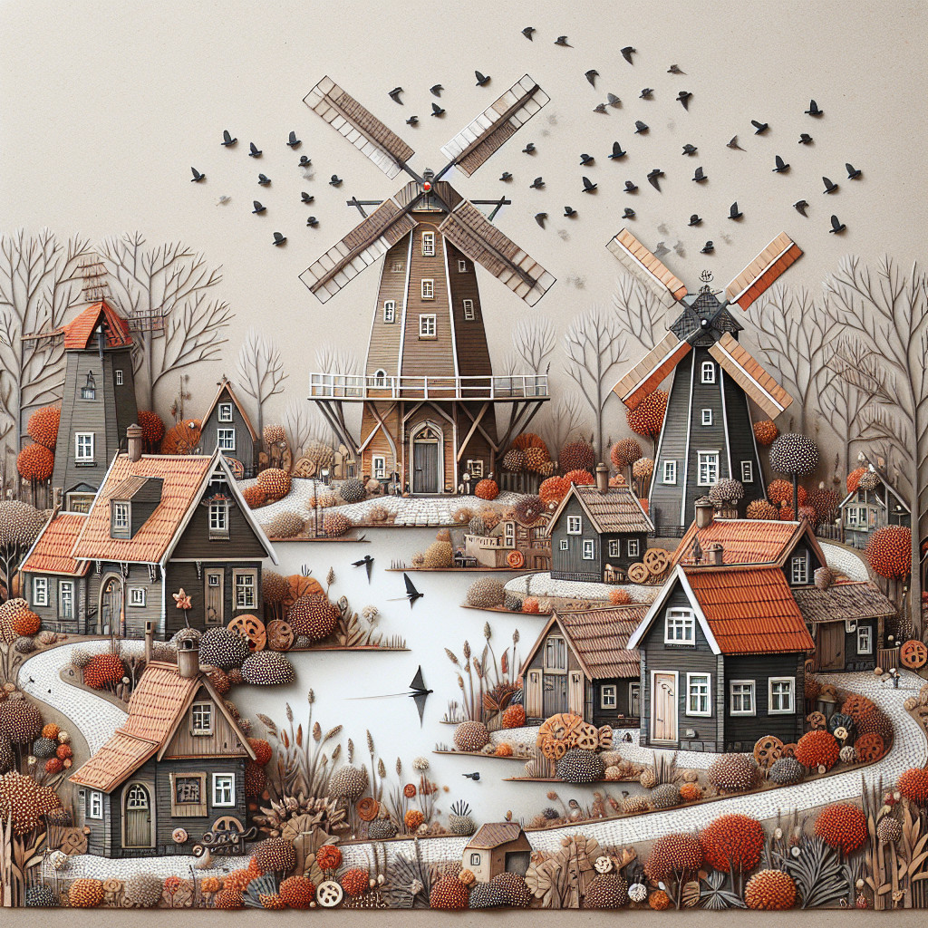 Charming Autumn Landscape with Windmills and Houses
