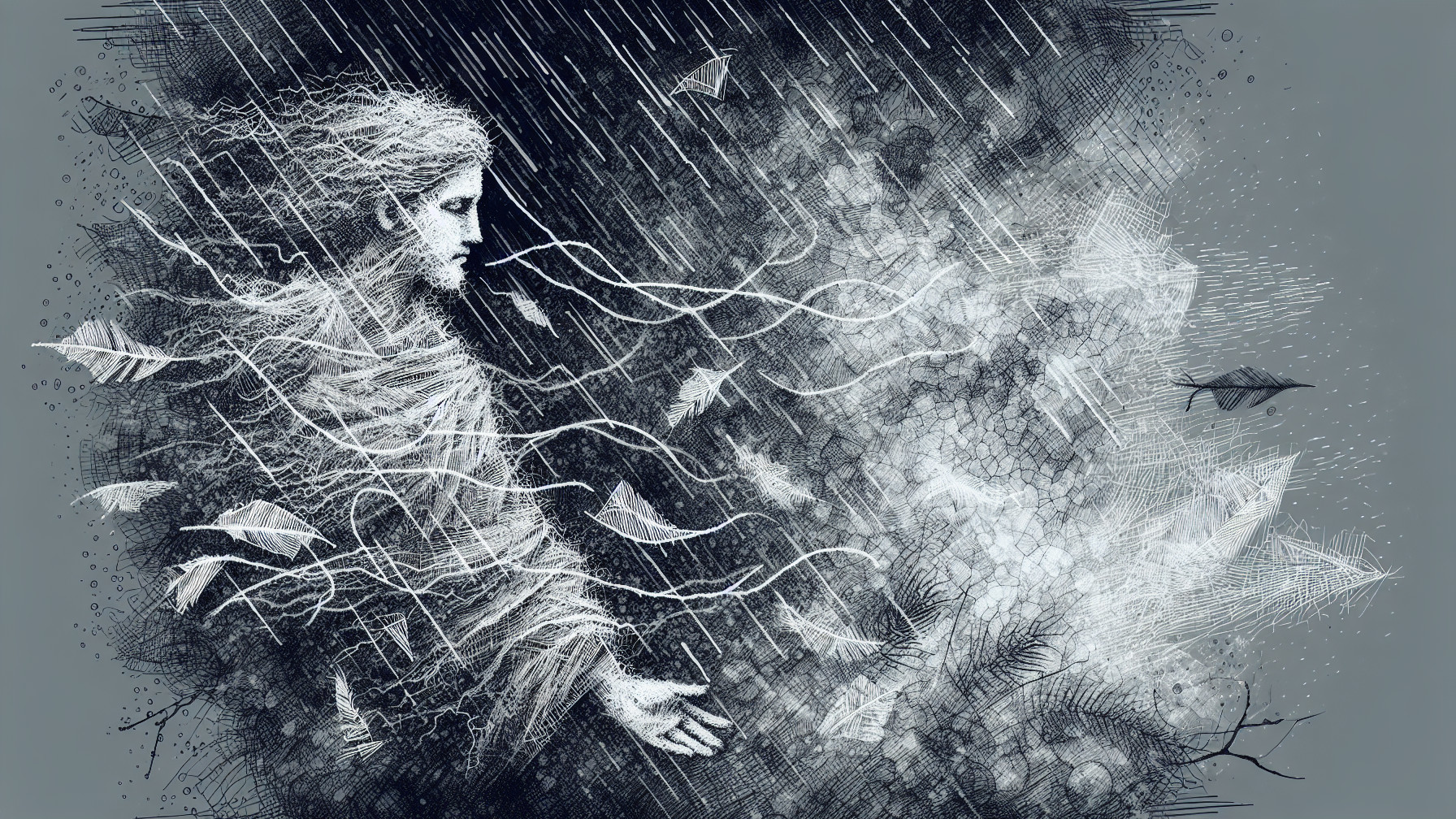 Monochromatic Illustration of a Serene Woman in Nature