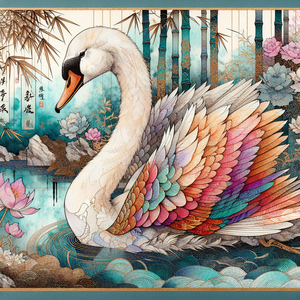 Detailed illustration of a swan on a serene pond