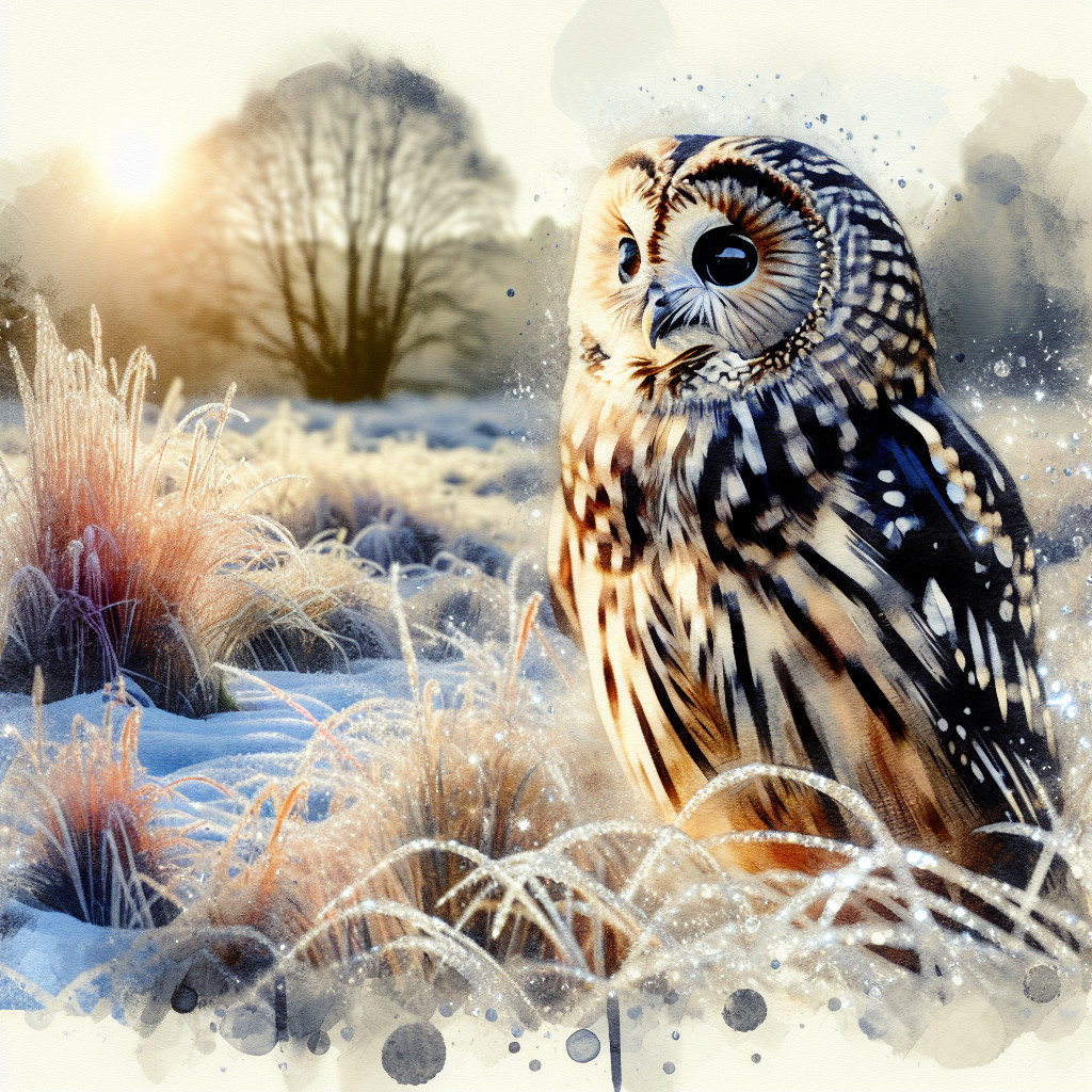 Majestic owl perched in frost-covered grass scene