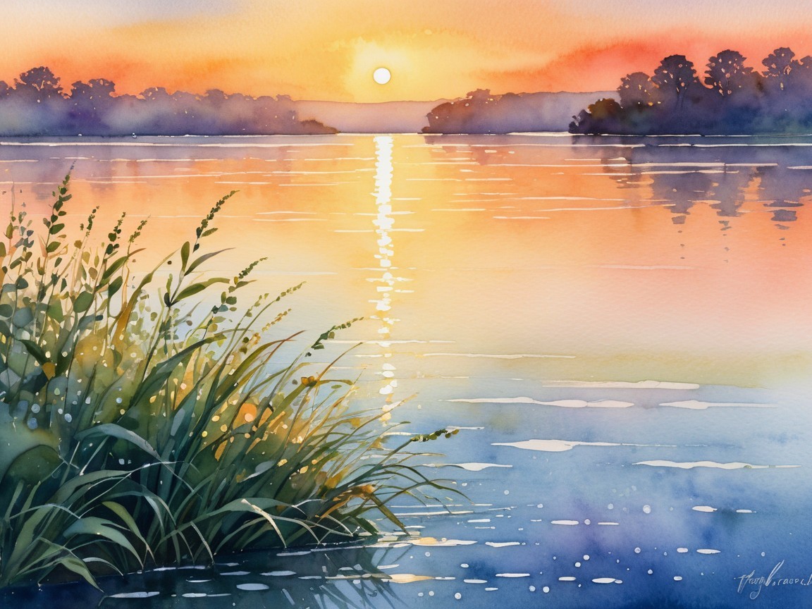 Vibrant Watercolor of Sunset Over Tranquil Water