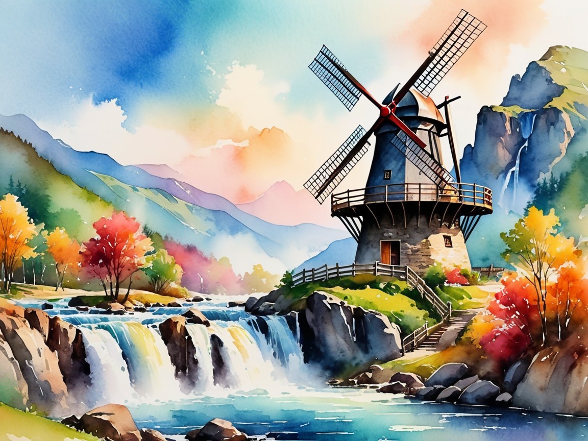 Colorful Watercolor Landscape with Windmill and River