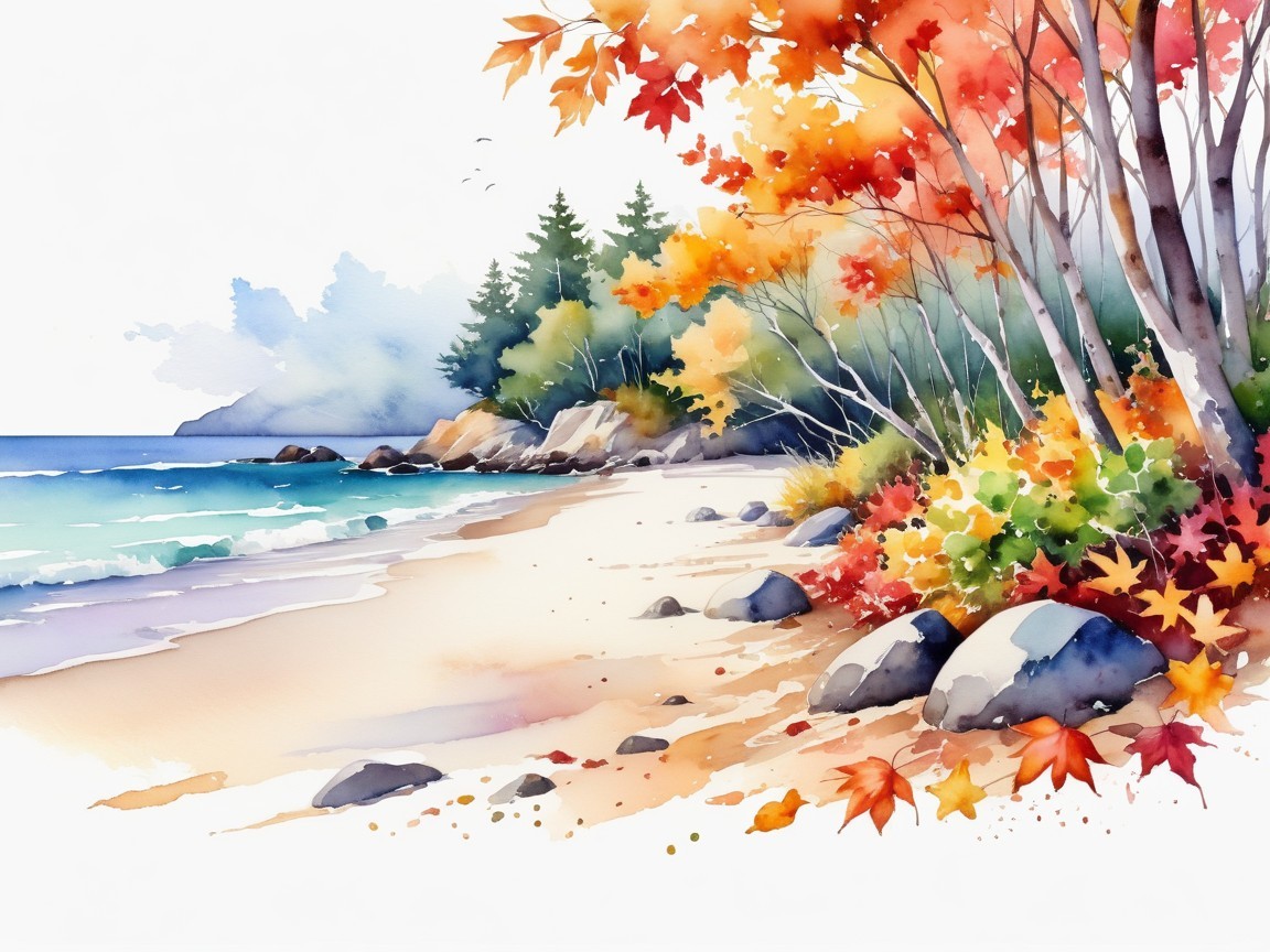 Autumn Beach Scene with Vibrant Foliage and Waves