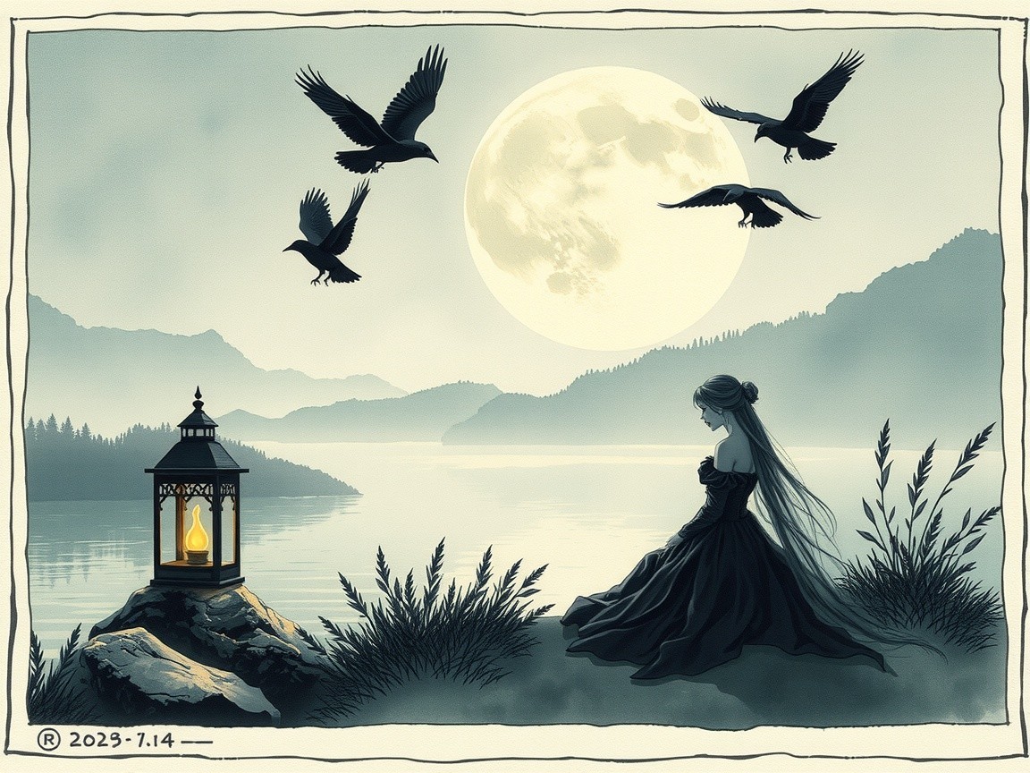 Serene landscape with a woman by a moonlit lake