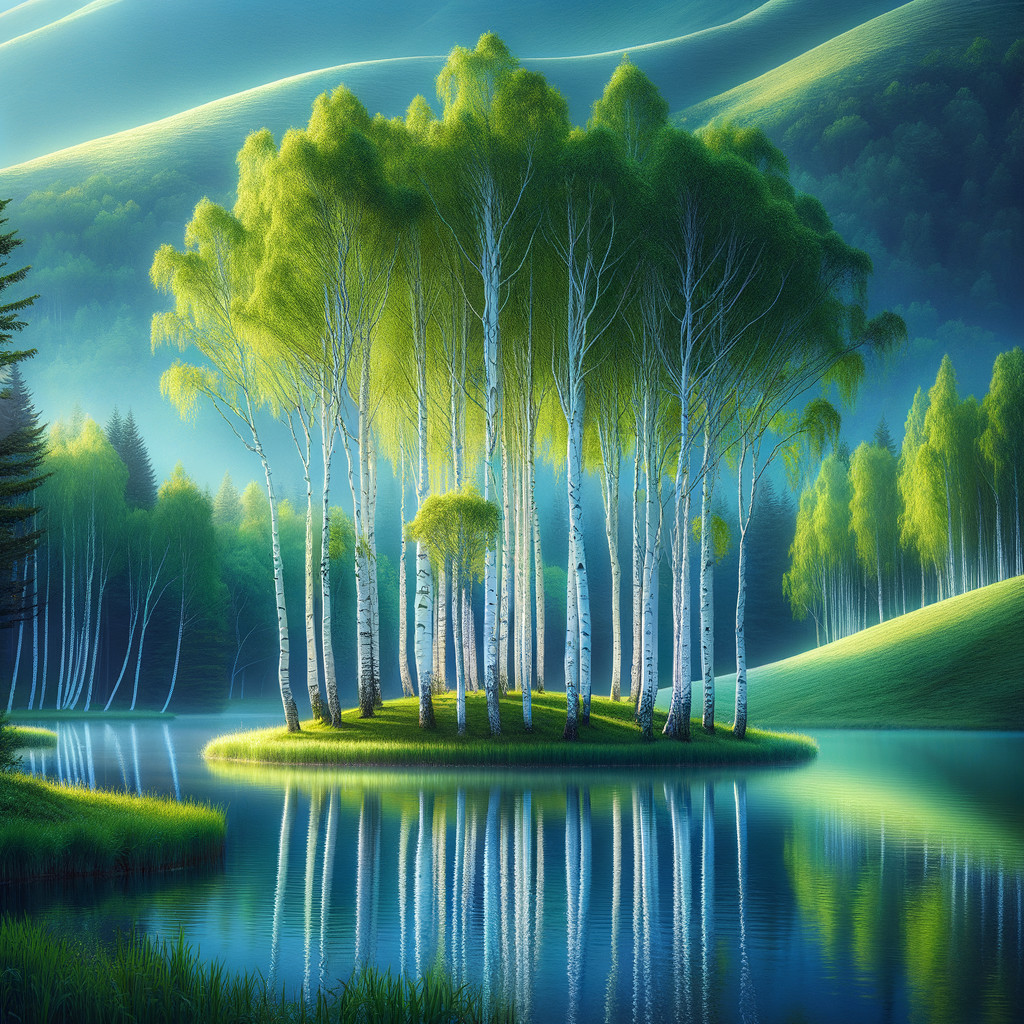 Serene Landscape with Birch Trees and Reflective Lake