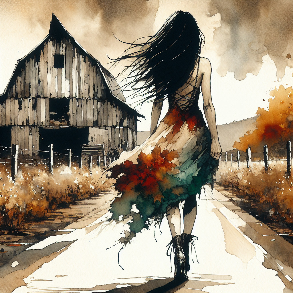 Woman in Autumn Dress Walking Down Dirt Path