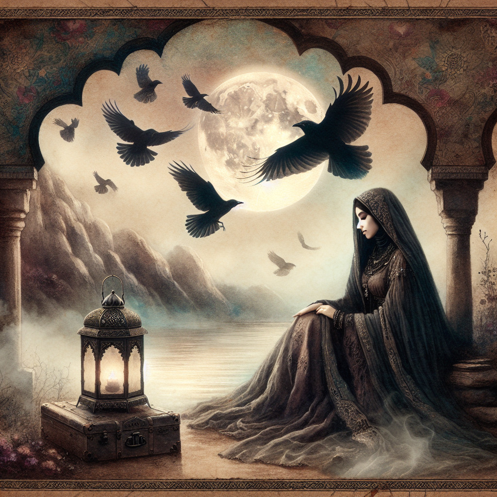 Woman in robe by lake under moonlit sky with crows